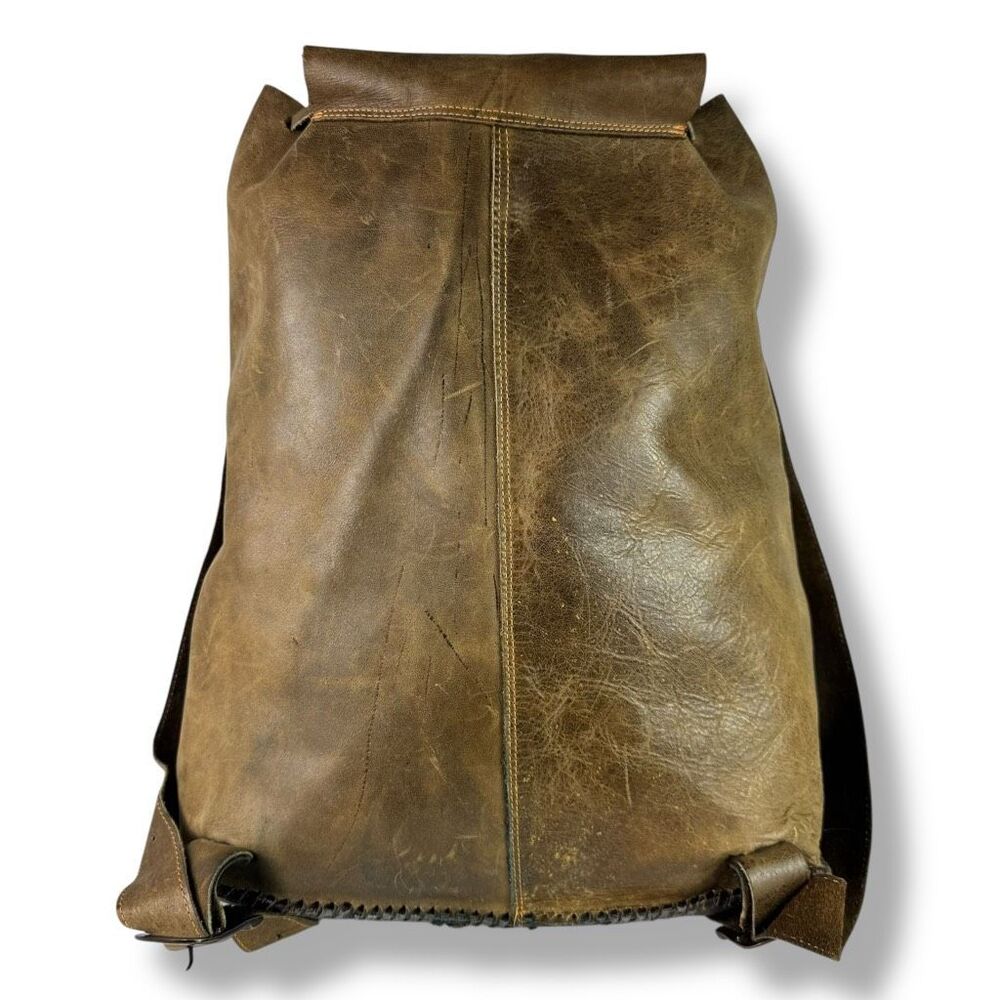 Vintage Distressed Handmade Rugged Rustic Soft Brown Tan Leather Backpack Bag - Picture 3 of 12
